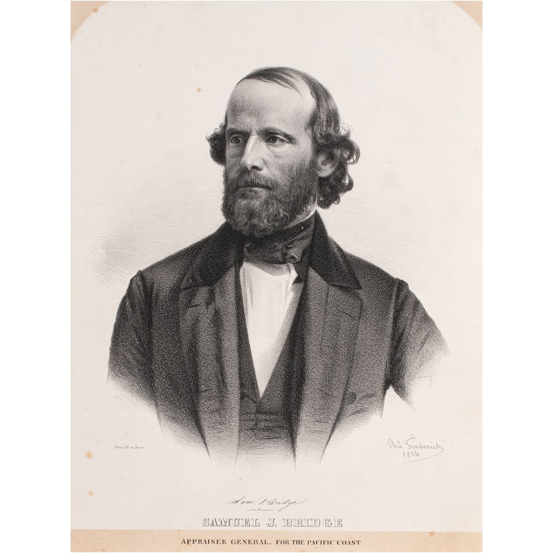 Print, Portrait of Samuel J. Bridge: Anonymous (19th century), "Portrait of Samuel J. Bridge, Appraiser General for the Pacific Coast" lithograph, museum inventory no: L8309, sight: 16.7"h x 12"w overall (with frame): 21"h x 17"w.