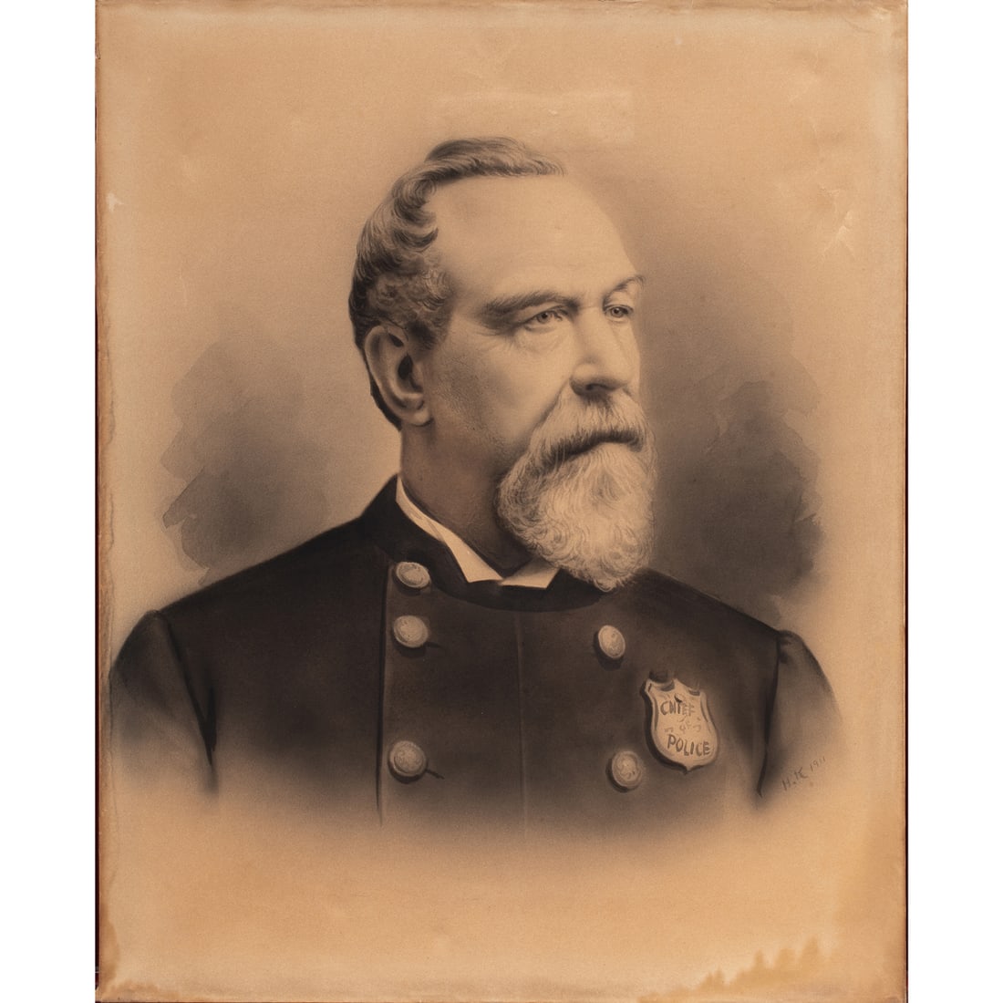 Photograph, Patrick Crowley, Chief of Police: "Portrait of Patrick Crowley, Chief of Police," photograph, museum inventory no: 38051, sheet (unframed): 20"h x 16"w. Note: Moving to California in 1850, Crowley settled in San Francisco. In 1866,