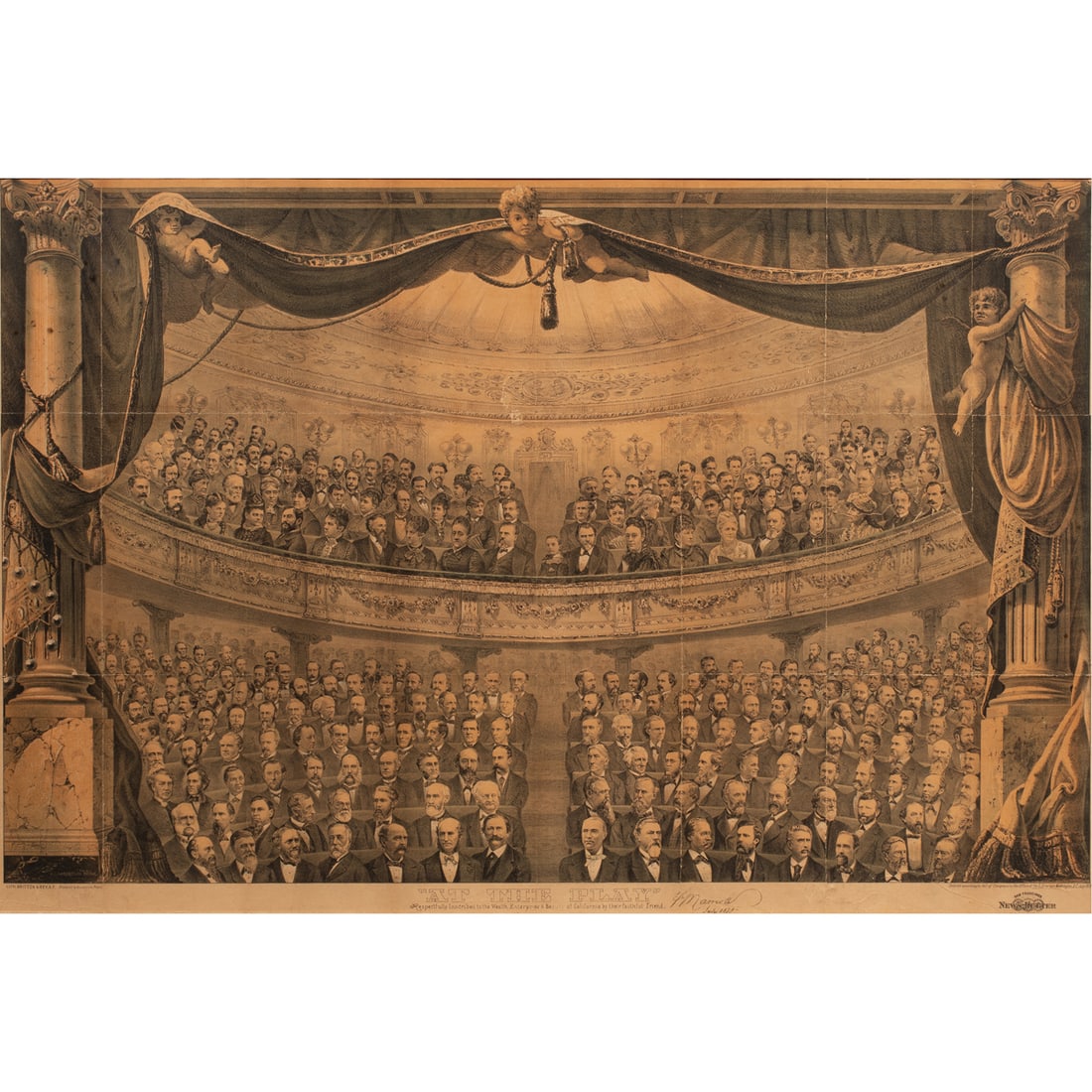 Print, At the Play: "At the Play: Respecfully Inscribed to the Wealth Enterprise & Beauty of California by their faithful friend, Frederick Marriott, July 1879," lithograph on paper, Publisher: San Francisco News Letter