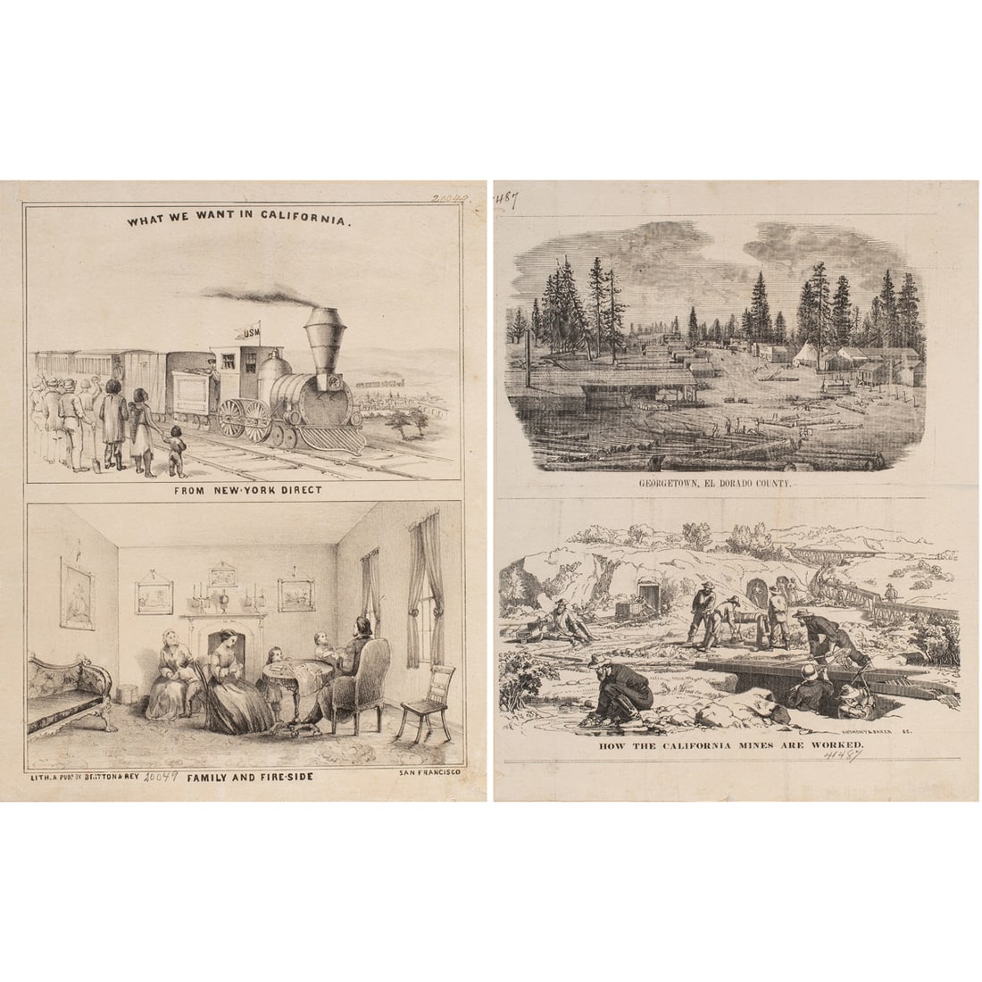 Prints, California School (19th century): (lot of 2) "Georgetown, El Dorado County" and "How California Mines Are Worked," 1855, lithograph on paper, publisher: George Holbrook Baker, museum inventory no: 41484, overall (with frame): 14.5"h