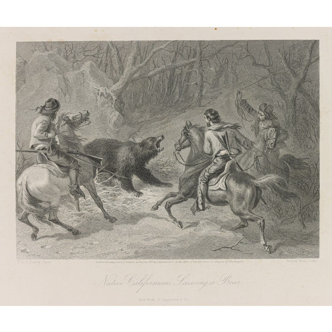 Print, Felix Octavius Carr Darley: Felix Octavius Carr Darley (American, 1822-1888), "Native Californians Lassoing a Bear," 1873, engraving, engraved by Francis Holl (1815-1884), publisher RD. Appleton & Co, museum inventory no: