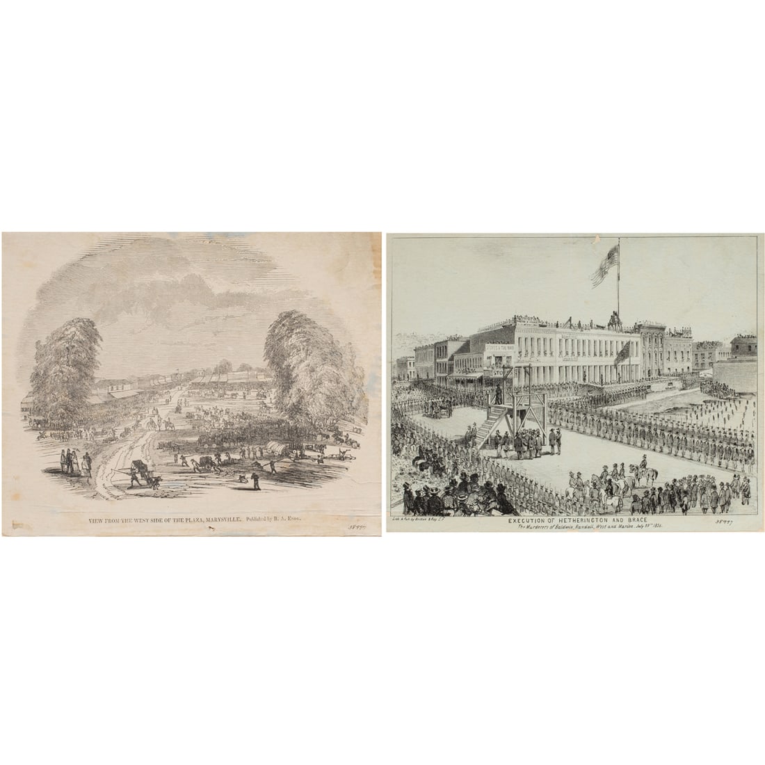 Prints, California School (19th century): (lot of 2) Britton & Rey (1852-1916), "Execution of Hetherington and Brace: the murderers of Baldwin, Randall, West, and Marion, July 29th, 1856," lithograph, printer: Britton & Rey, museum inventory