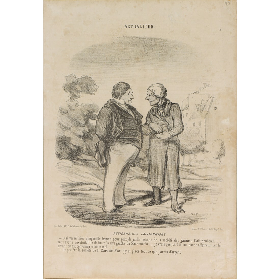 Print, Honore Daumier: Honore Daumier (French, 1808-1879), "Actionnaires Californiens (Plate 197) - from the series Actualites," 1850, lithograph on newsprint, publisher: Aubert et Compagnie, museum inventory no: 57.6.48, o