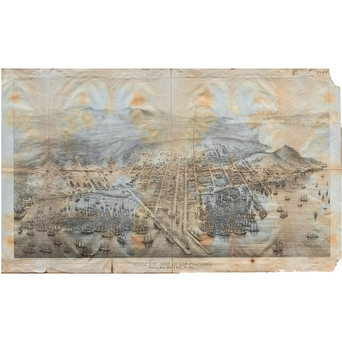 Print, Bird's Eye View of San Francisco: Cooke and Leconte (19th century), "Bird's Eye View of San Francisco," 1852, lithograph on paper, museum inventory no: 41484, image (sheet): 11"h x 18.5"w, overall (with frame): 18.5"h x 25.25"w.