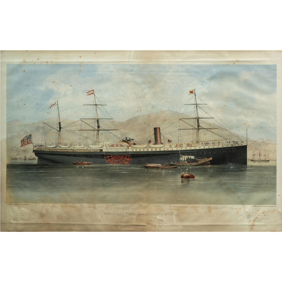 Print, Pacific Mail Steamship Company's Steamer - Japan: Anonymous (19th century), "Pacific Mail Steamship Company's Steamer - Japan," lithograph, museum inventory no: L8416, sight: 21"h x 36.5"w, overall (with frame): 42.69"h x 27.75"w. Provenance: