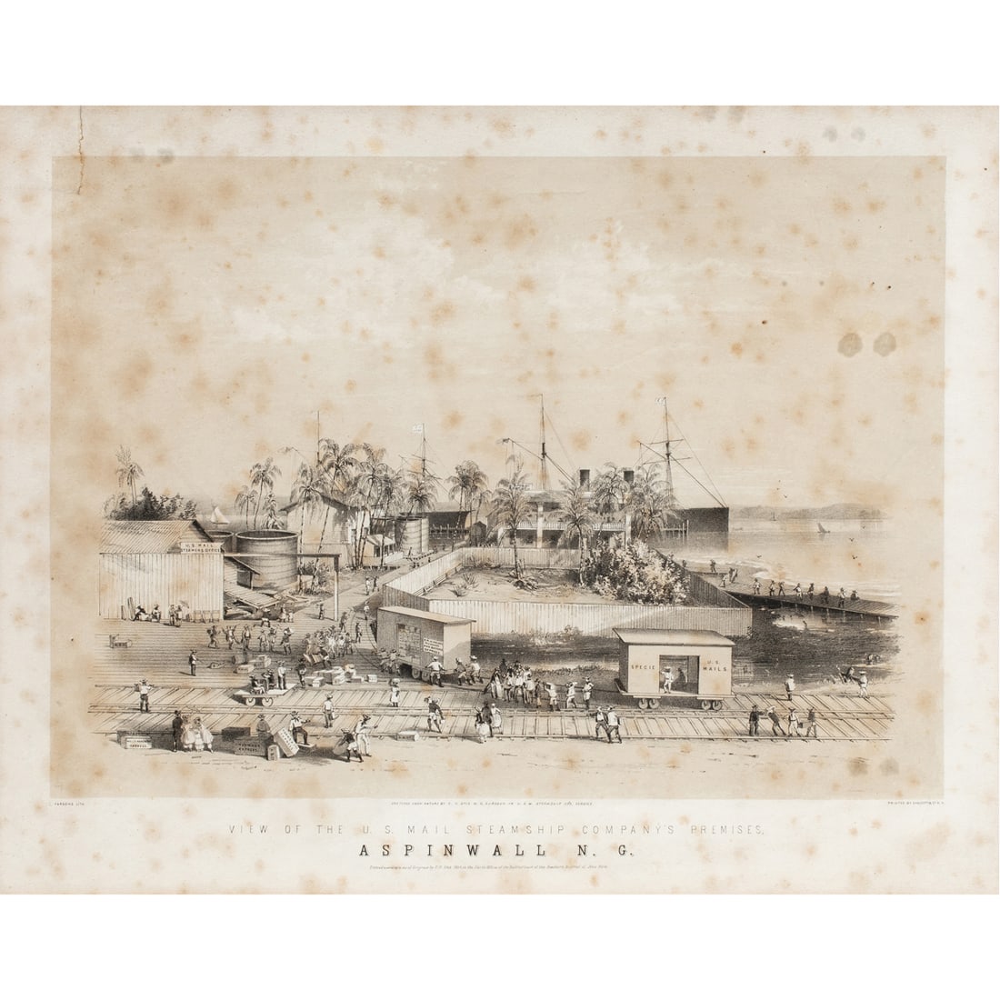 Print, U.S. Mail Steamship - Aspinwall: Anonymous (19th century), "U.S. Mail Steamship - Aspinwall," 1854, lithograph, museum inventory no: L8465, image: 16"h x 19"w, overall (with frame): 18"h x 21"w. Provenance: Property of the Fine Arts