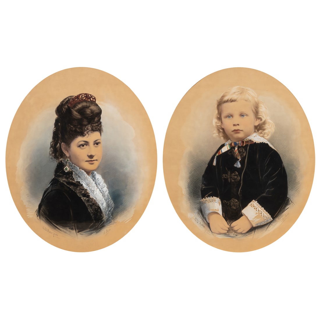 Portraits, Mrs. Milton Latham and Milton Latham Jr: (lot of 2) Anonymous (19th century), "Mrs. Milton Latham" and "Milton Latham Jr," watercolored photo enlargements, museum inventory nos: 41993 and 41994 overall (with frame, for each): 34"h x 30"w.