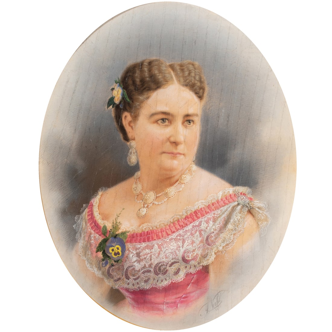 Pastel, Arthur Nahl: Arthur Nahl (American, 1833-1889), "Mrs. John Shawhan (or Shanhan)," pastel, museum inventory no: 51767, sight (oval): 26"h x 19"w, overall (with frame): 40"h x 35"w. Provenance: Property of the Fine