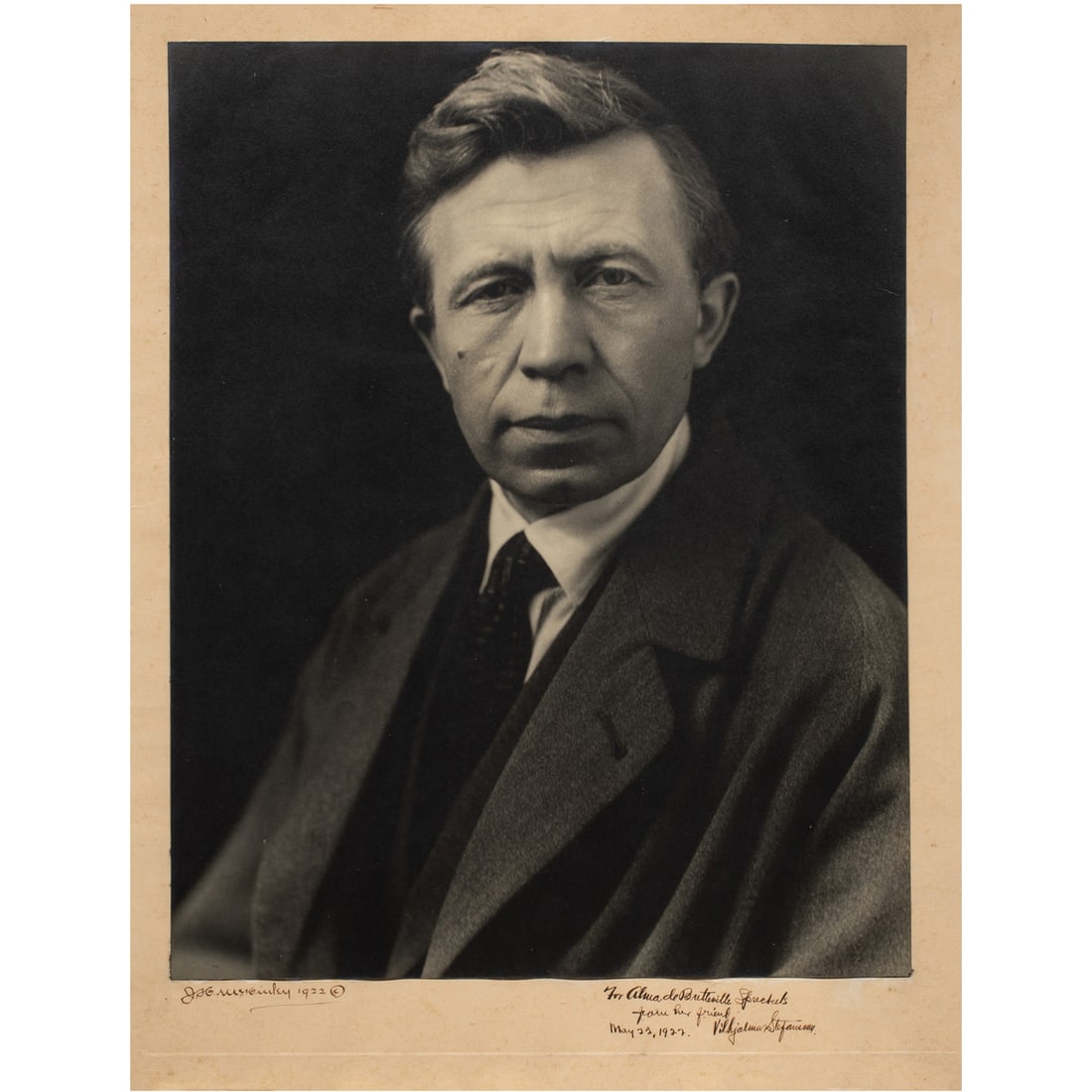 Photograph, Portrait of the Arctic Explorer, Vilhjalmur Stefansson: J. H. McKinley, "Portrait of the Arctic Explorer, Vilhjalmur Stefansson," 1922, gelatin silver print, sight: 19.5"h x 15.5"w, overall (with frame): 25"h x 20"w, signed and dated lower left, inscribed
