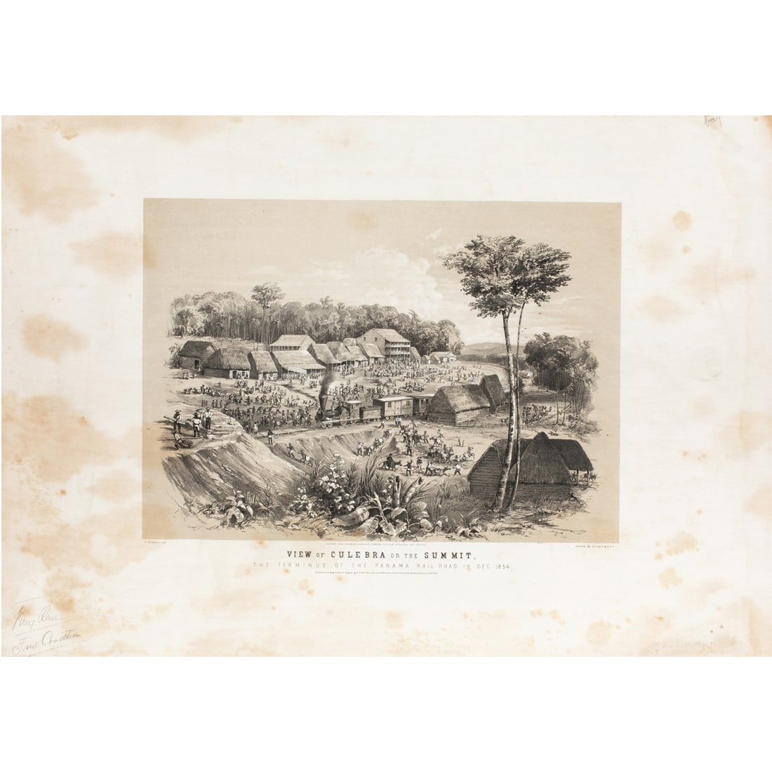 Lithograph, View of Culebra or The Summit: Charles Parsons (1821-1910), "View of Culebra or the Summit, the Terminus of the Panama Railroad in Dec. 1854," lithograph, museum inventory no: L8466, image: 10"h x 14.5"w, overall (with frame):