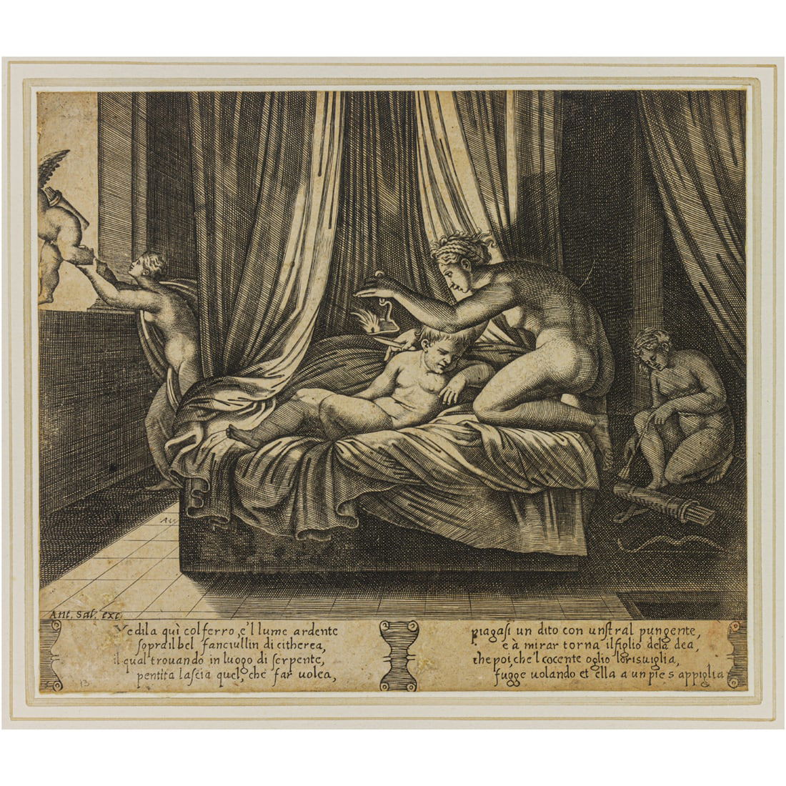 Print, After Raphael Sanzia da Urbino: After Raphael (Raffaello) Sanzio (Italian, 1483-1520), "The Too Credulous Psyche Looks at Cupid (plate 13) from the series - The Fable of Psyche," engraving, engraver: Agostino Musi/Agostino
