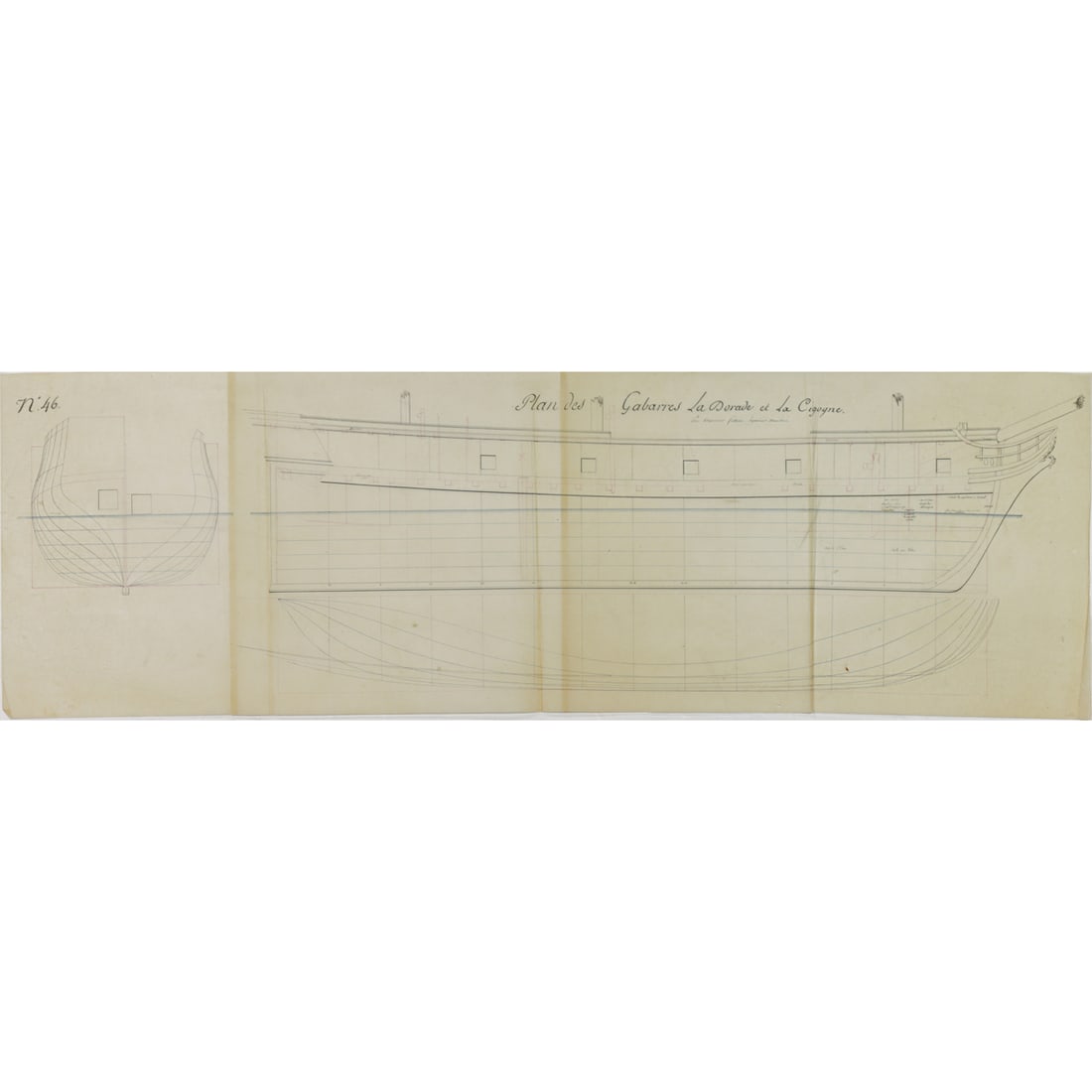 Work on paper, Paul Filhon: Paul Filhon (French, 1769-1819), "Longitudinal and Cross Section of a Ship," 18th/19th century, black, red, and blue ink on paper, museum inventory no: 1982.2.149, sheet (unframed): 16.56"h x
