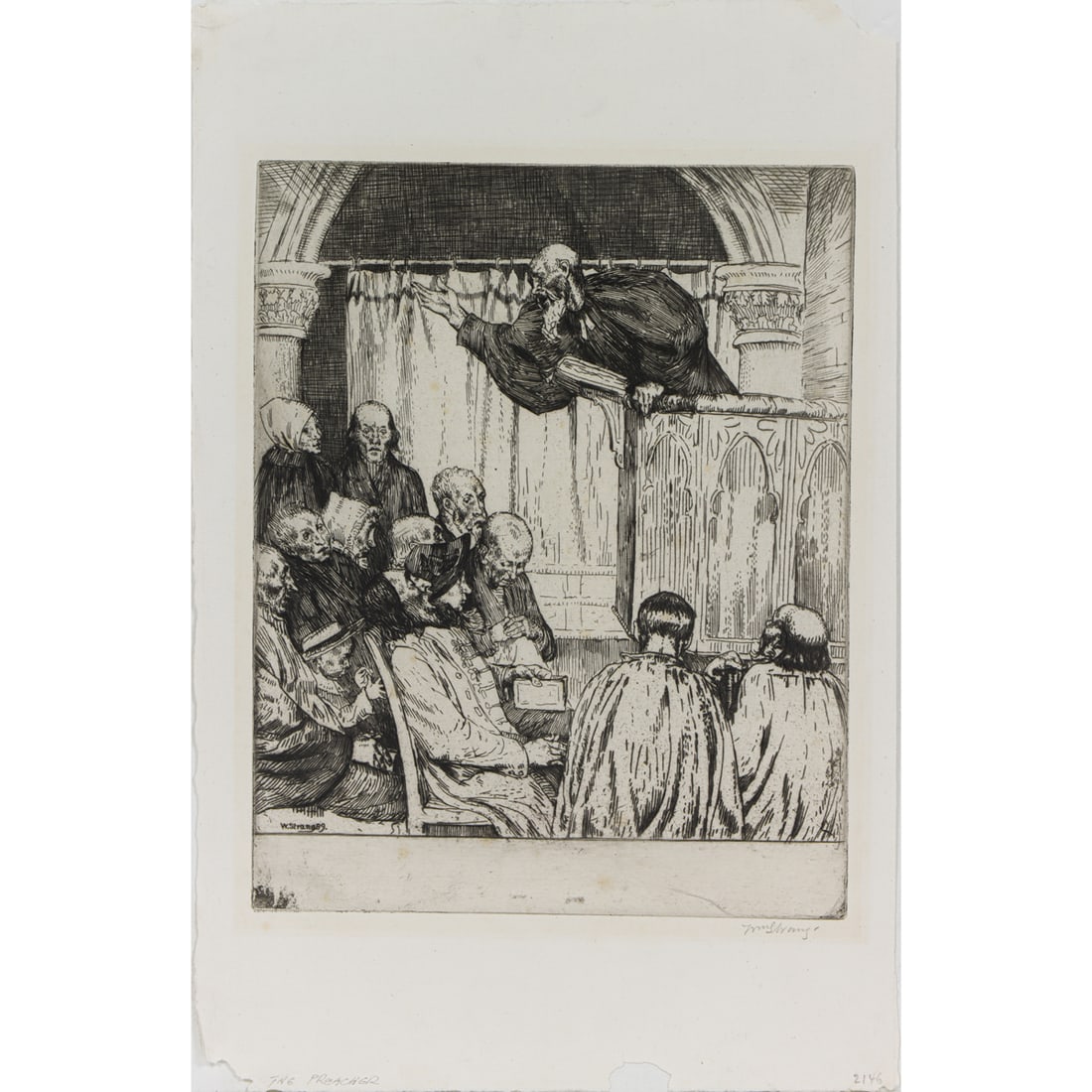 Print, William Strang: William Strang (Scottish, 1859-1921), "The Preacher," 1889, etching, museum inventory no: 1971.17.722, image: 10"h x 8", sheet (unframed): 14.5"h x 9.5"w. Provenance: Property of the Fine Arts Museums