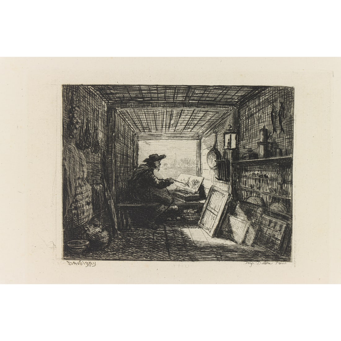 Print, Charles-Francois Daubigny: Charles-Francois Daubigny (French, 1817-1878), "Le Bateau-Atelier (Floating Studio) - from the album Voyage en Bateau," etching, printer: Auguste Delatre, museum inventory no: 1963.30.38615, image: