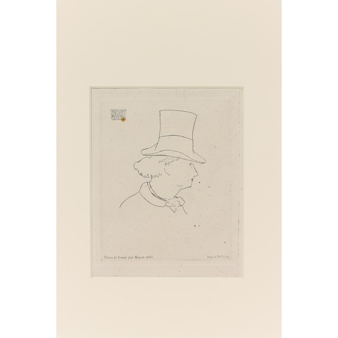 Print, Edouard Manet: Edouard Manet (French, 1832-1883), "Untitled (Man in Top Hat), 1862, engraving, printer: Andre Salmon, museum inventory no: 2002.84.3.13, sight: 4.75"h x 3.75"w, overall (sheet): 8.25"h x 6"w.