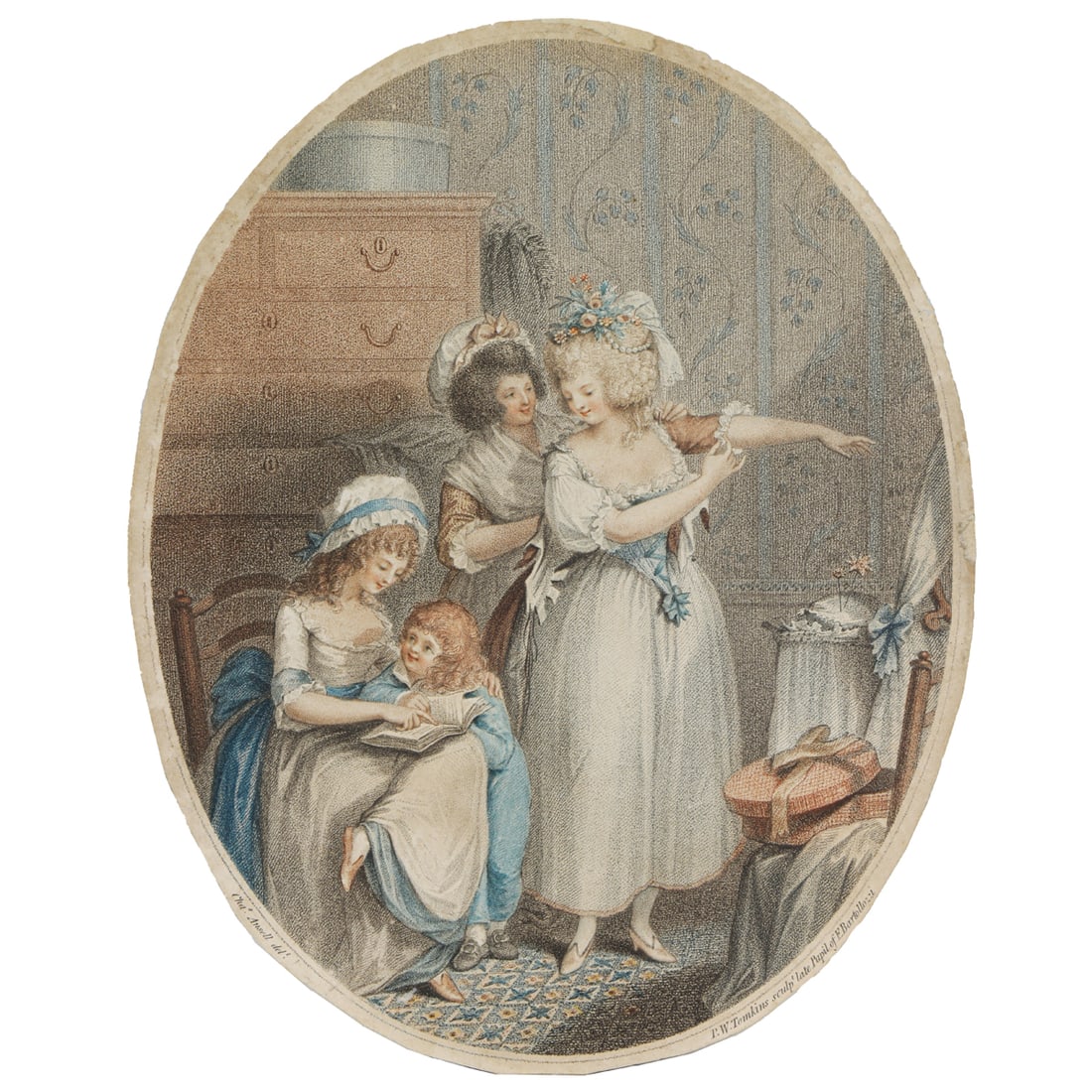 Print, After Charles Ansell: After Charles Ansell (British, 1752-1790)/Peltro William Tomkins (British, 1759-1840), "The English Dressing Room," color stipple engraving, museum inventory no: 1927.291, overall (oval sheet): 10"h