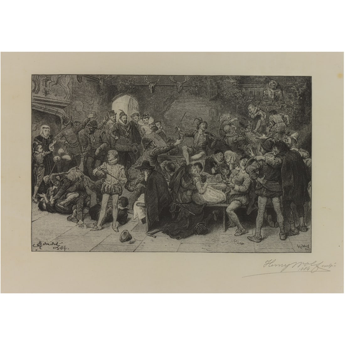 Print, After Frederick Barnard/Henry Wolf: After Frederick Barnard (American, 1846-1896)/Henry Wolf (1852-1916), "Tis Merry in Hall," 1884, wood engraving, museum inventory no: 1963.30.26008, signed and dated lower right, image: 5"h x 7.75"w,