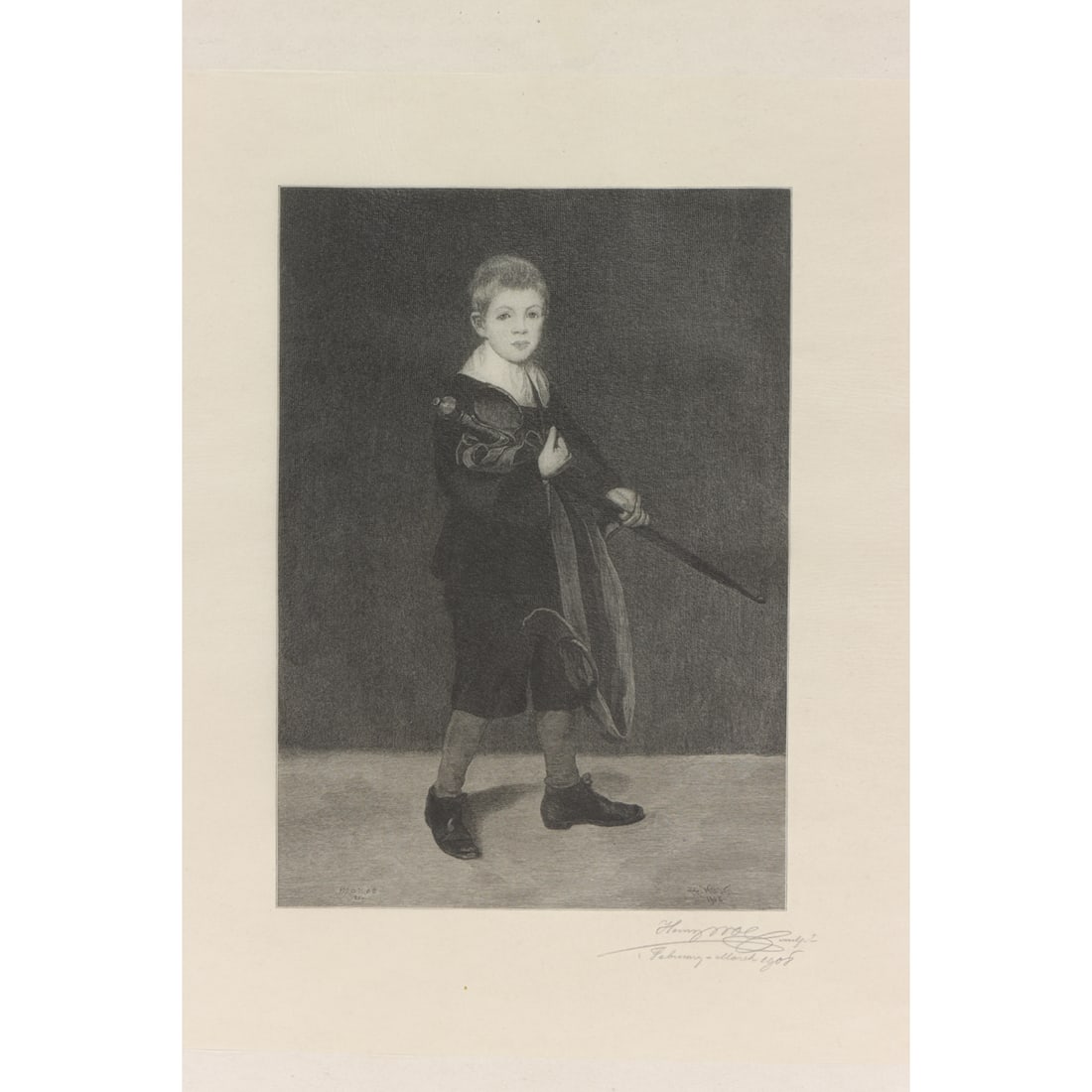 Print, After Edouard Manet/Henry Wolf: After Edouard Manet (French, 1832-1883)/Henry Wolf (1852-1916), "Boy With Sword," 1908, wood engraving, image: 8.75"h x 6.25"w, overall (sheet): 14.25"h x 11.5"w, museum inventory no: 1950.70.225.