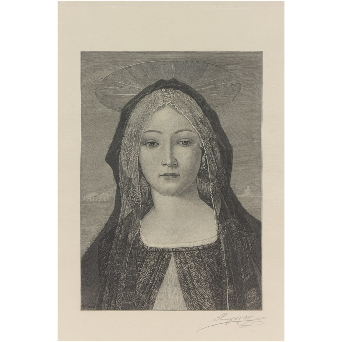Print, After Sandro Boticelli/Henry Wolf: After Sandro Boticelli (Italian, 1444-1510)/Henry Wolf (American, 1852-1916), "Madonna," wood engraving, pencil signed lower right, museum inventory no: 54045, image: 9.25"h x 6.5"w, overall (sheet):
