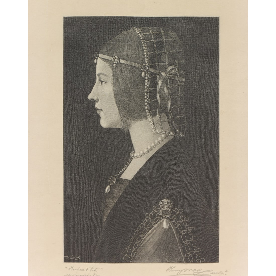 Print, After Leonardo da Vinci/Henry Wolf: After Leonardo da Vinci (1452-1519)/Henry Wolf (1852-1916), "Beatrice d'Este," 1907, wood engraving, museum inventory no: 1963.30.38239, image: 10"h x 6.25"w, sheet (unframed): 14.5"h x 11.5"w. Proven