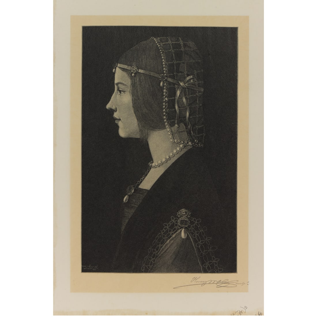 Print, After Leonardo da Vinci/Henry Wolf: After Leonardo da Vinci (Italian, 1452-1519)/Henry Wolf (1852-1916), "Beatrice d'Este," 1907, wood engraving, pencil signed lower right, museum inventory no: 1981.1.176, image: 10"h x 6.5"w, overall (