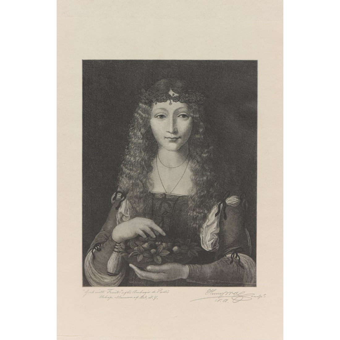 Print, After Giovanni Ambrogio da Predis/Henry Wolf: After Giovanni Ambrogio da Predis (Italian, 1455-1508)/Henry Wolf (1852-1916) "Girl with Cherries, wood engraving, museum inventory no: 1963.30.26227, image: 8.75" x 6.5"w, overall (sheet): 14.25"h x