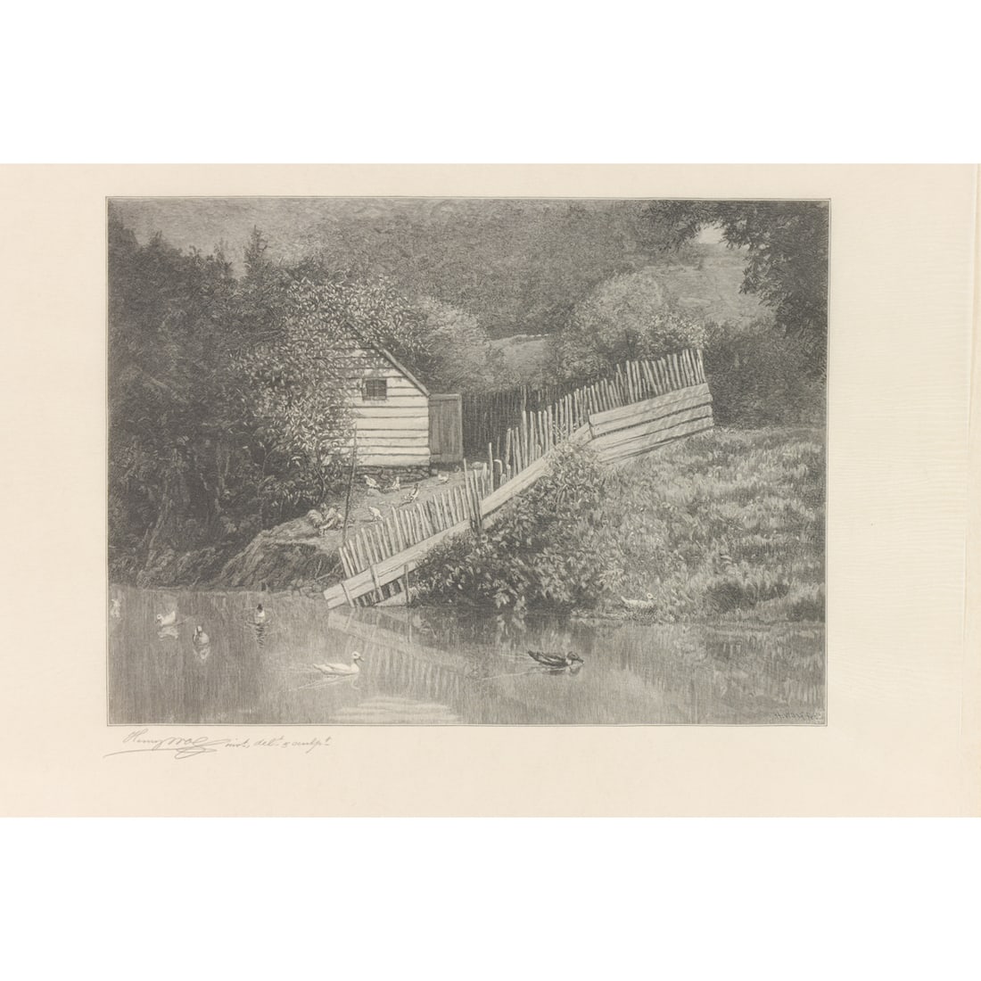 Print, Henry Wolf: Henry Wolf (American, 1852-1916), "A Duck Pond (Motif Found in Lexington, NY)," 1906, wood engraving, museum inventory no: 1950.70.230, image: 7.25"h x 10"w. Provenance: Property of the Fine Arts Muse