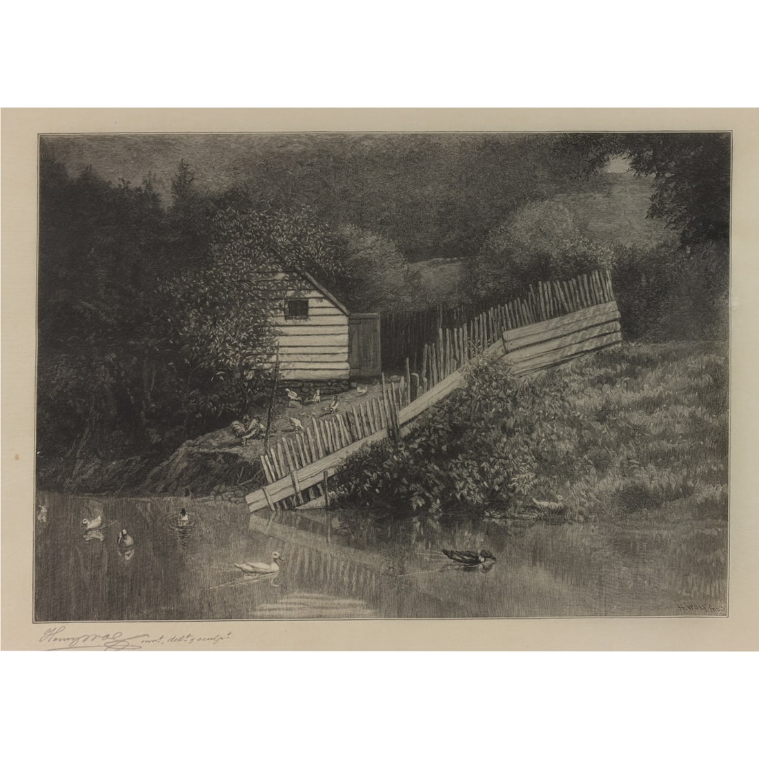 Print, Henry Wolf: Henry Wolf (1852-1916), "A Duck Pond (Motif Found in Lexington, NY)," 1906, wood engraving, museum inventory no: 1950.70.231, pencil signed lower left, image: 7.25"h x 10"w, overall (sheet): 11.5"h x