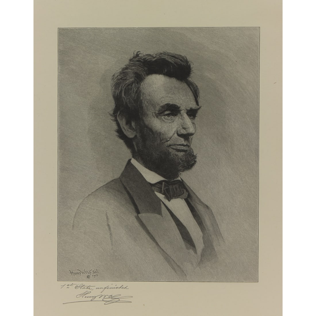Print, Henry Wolf: Henry Wolf (American, 1852-1916), "Abraham Lincoln," 1912, wood engraving (first state, unfinished proof), museum inventory no: 1963.30.26223, pencil signed and inscribed lower left, image: 8.25"h x 6