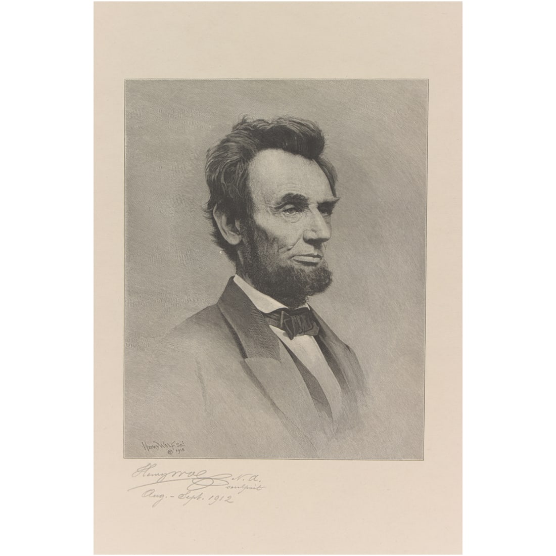 Print, Henry Wolf: Henry Wolf (American, 1852-1916), "Abraham Lincoln," 1912, wood engraving, pencil signed lower left, museum inventory no: 1950.70.219, overall: 14.5"h x 11.25"w. Provenance: Property of the Fine Arts