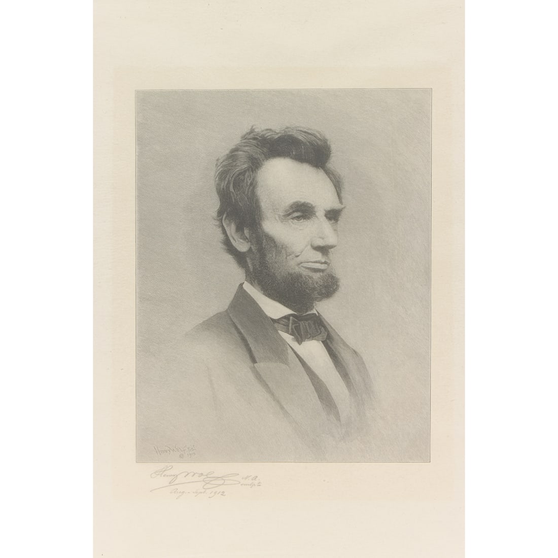 Print, Henry Wolf: Henry Wolf (American, 1852-1916), "Abraham Lincoln," 1912, wood engraving, museum inventory no: 1950.70.208, image: 8"h x 6.5"w, overall: 14"h x 11.25"w. Provenance: Property of the Fine Arts Museums