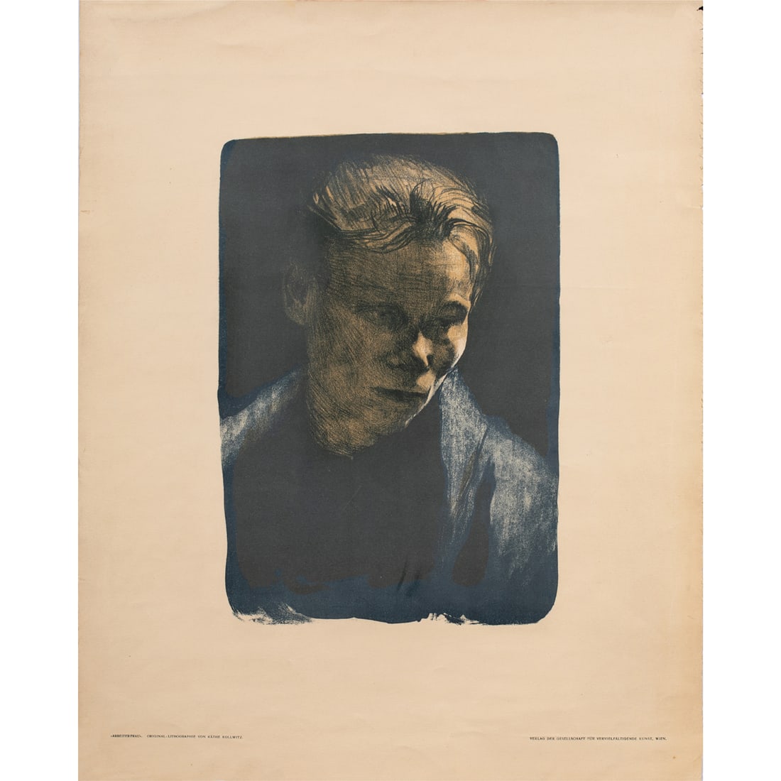 Print, Kathe Kollwitz: Kathe Kollwitz (German, 1867-1945), "Brustbild einer Arbeiterfrau mit blauem Tuch (Bust-length Portrait of a Working Woman with a Blue Shawl)," 1903, color lithograph, publisher: Gesellschaft f?r