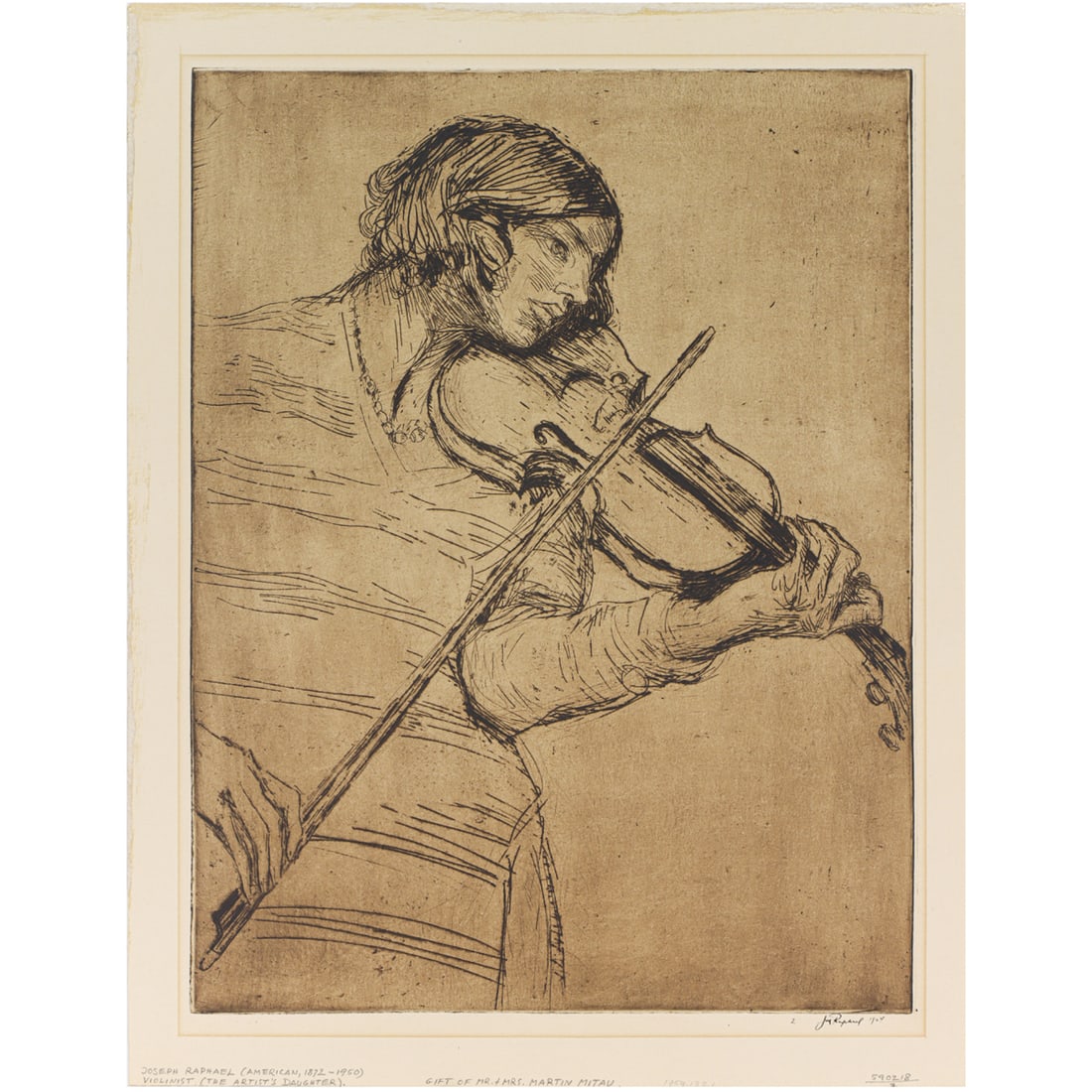 Print, Joseph Raphael: Joseph Raphael (American/French 1869-1950), "Violinist (The Artist's Daughter)," 1924, etching and drypoint, pen signed lower right, museum inventory no: 1959.133.1, image: 16.5"h x 12.5"w, sheet