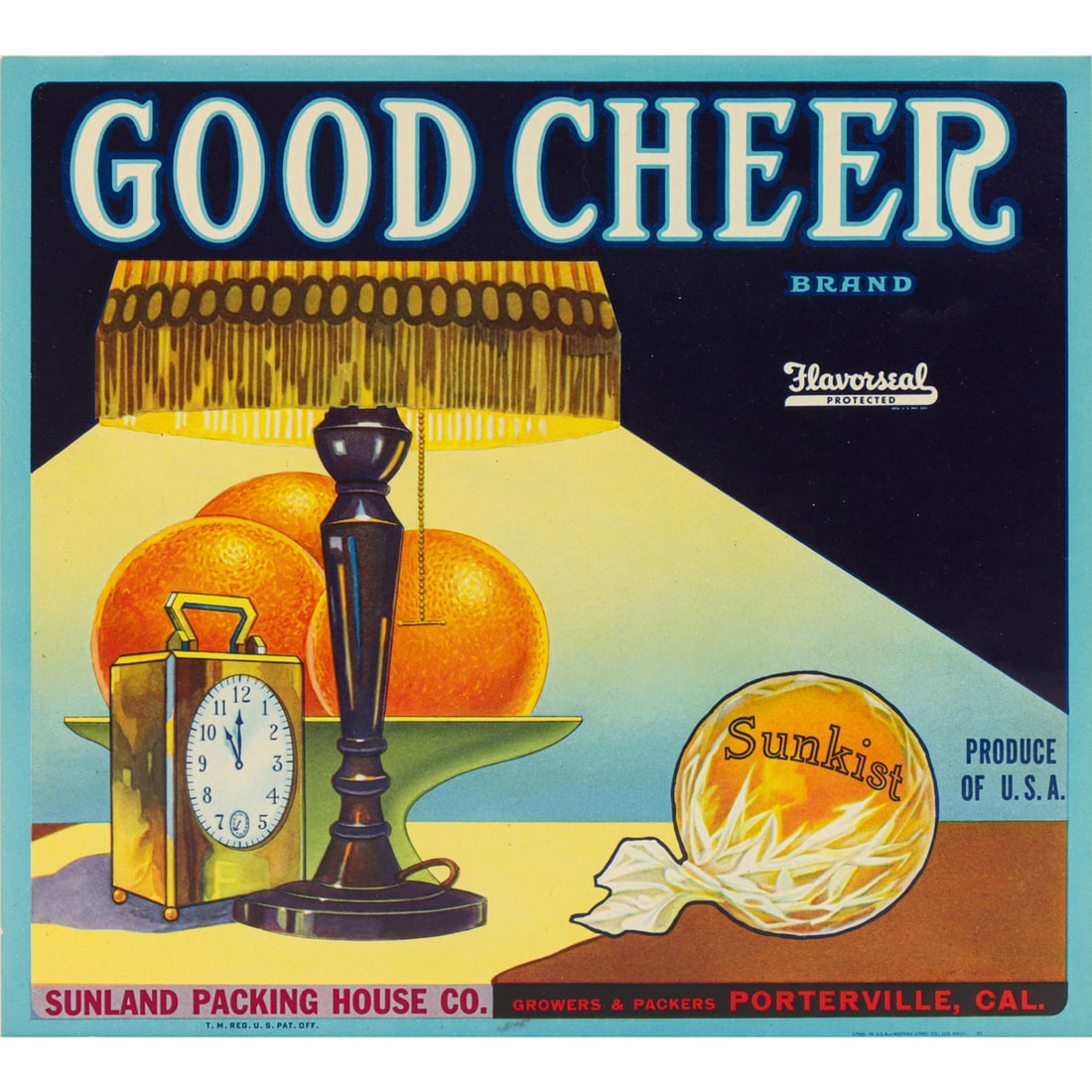 Print, Sunkist Orange Crate Label, Good Cheer: Anonymous (20th century), Sunkist Orange Crate label-Good Cheer, 1919-1950, color offset lithograph, museum inventory no: 1997.158.1, sheet (unframed): 10"h x 11"w. Provenance: Property of the Fine