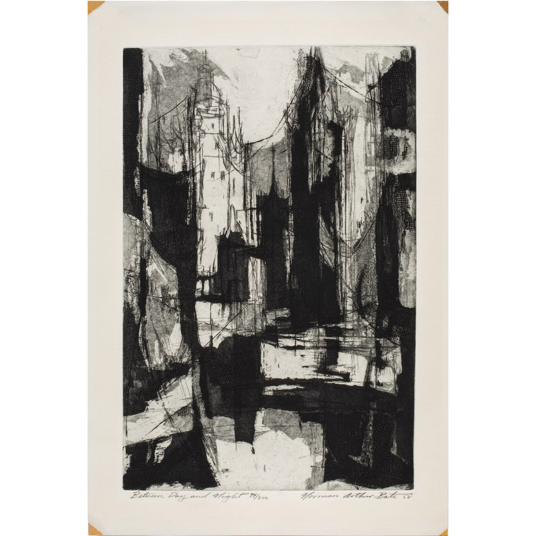Print, Norman Arthur Bate: Norman Arthur Bate (American, 1916-1980), "Between Day and Night," 1958, etching, pencil signed lower right, museum inventory no: 2006.57.3.10, image: 18"h x 12"w, overall (sheet): 21.5"h x 14.5"w.