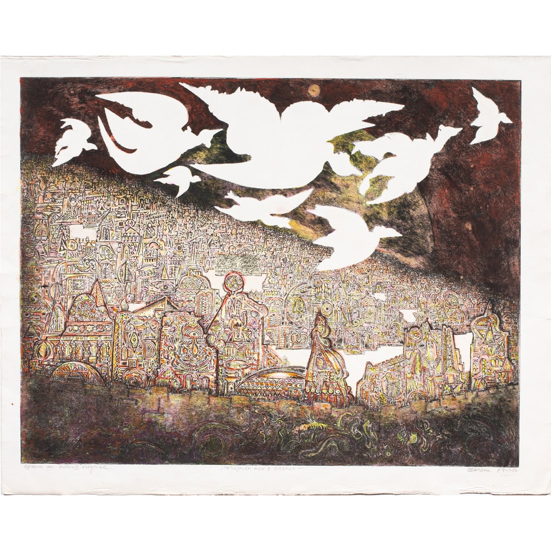 Print, Micha Bar-Am: Micha Bar-Am (Israeli, b. 1930), "Jerusalem aux 8 Oiseaux," color print (original color proof), pencil signed lower right, museum inventory no: 2006.57.3.9, overall (sheet): 22"h x 27.5"w.