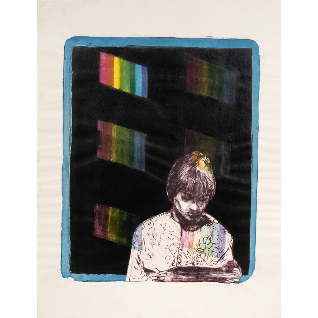 Print, Robert Bechtle: Robert Bechtle (American, 1932-2020), "Nancy Reading," 1963, color lithograph, pencil signed lower right, museum inventory no: 1971.31.16, image: 20"h x 16"w, overall (with mat): 28"h x 22"w.