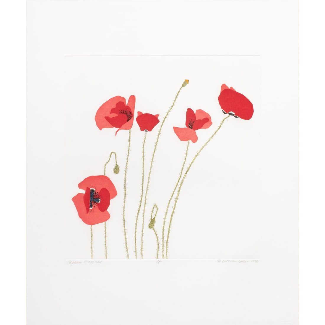 Print, Beth Van Hoesen: Beth Van Hoesen (American, 1926-2010), "Aegean Poppies (plate 4)" from the portfolio - Poppies and Peony, 1976, color aquatint, drypoint etching with burnishing, pencil signed lower right, museum