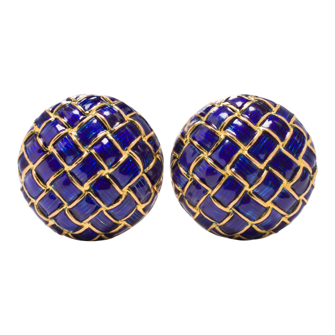 A pair of enamel and 18k gold cufflinks: A pair of enamel and 18k gold cufflinksFeaturing a weave design accented by blue enamel; width: 3/4 in; 17.75 grams