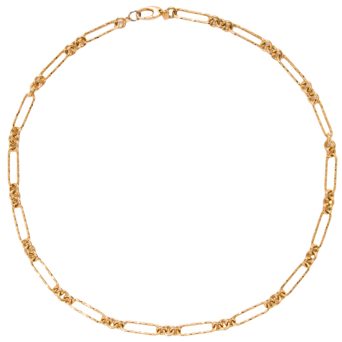 A 14k gold necklace: A 14k gold necklacedesigned as a paper-link chain; length: 18 in