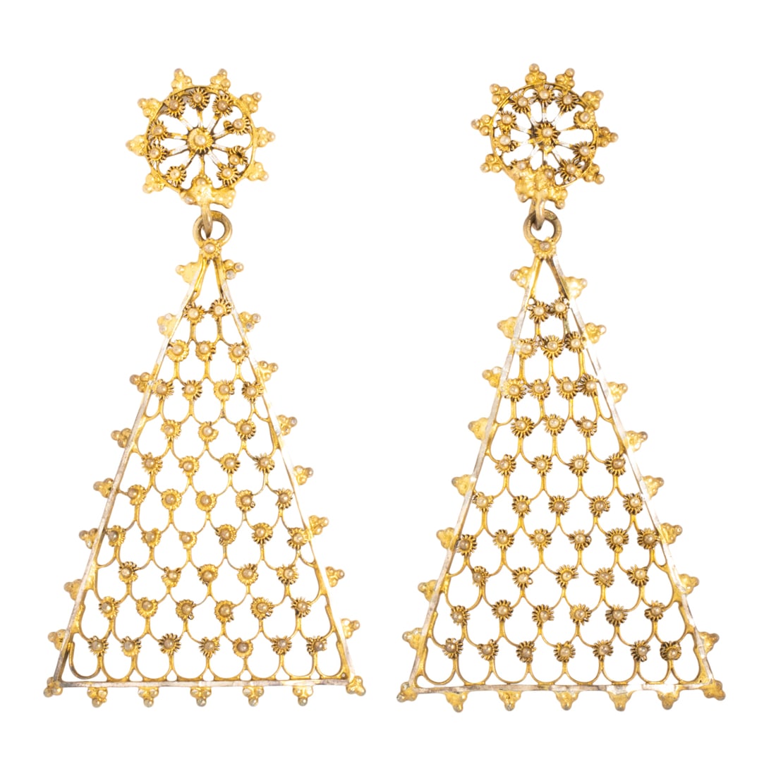 A pair of 10k gold Pikun flower earrings: A pair of 10k gold Pikun flower earringsOf Southeast Asian design, featuring an intricate lattice of Pikun flowers; length: 2 3/4 in; 10.90 grams