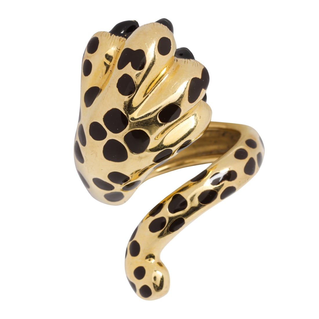 A Christian Dior Mitzah Leopard Paw enamel and 18k gold ring: A Christian Dior Mitzah Leopard Paw enamel and 18k gold ringInspired by Mitzah Bricard, designed as a leopard's paw with black enamel spots and laquered claws; signed: Dior B0727, with French assay