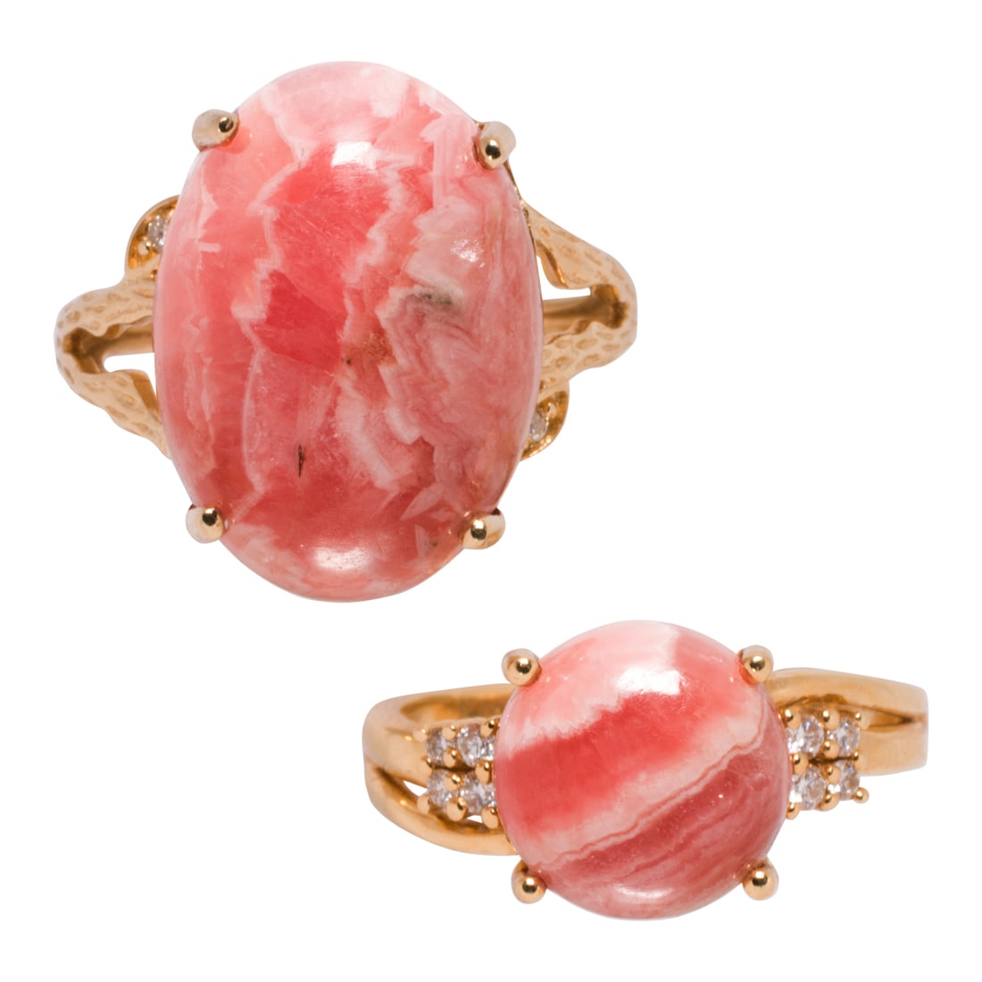Two rhodochrosite, diamond, and 14k gold rings (1 of 2)
