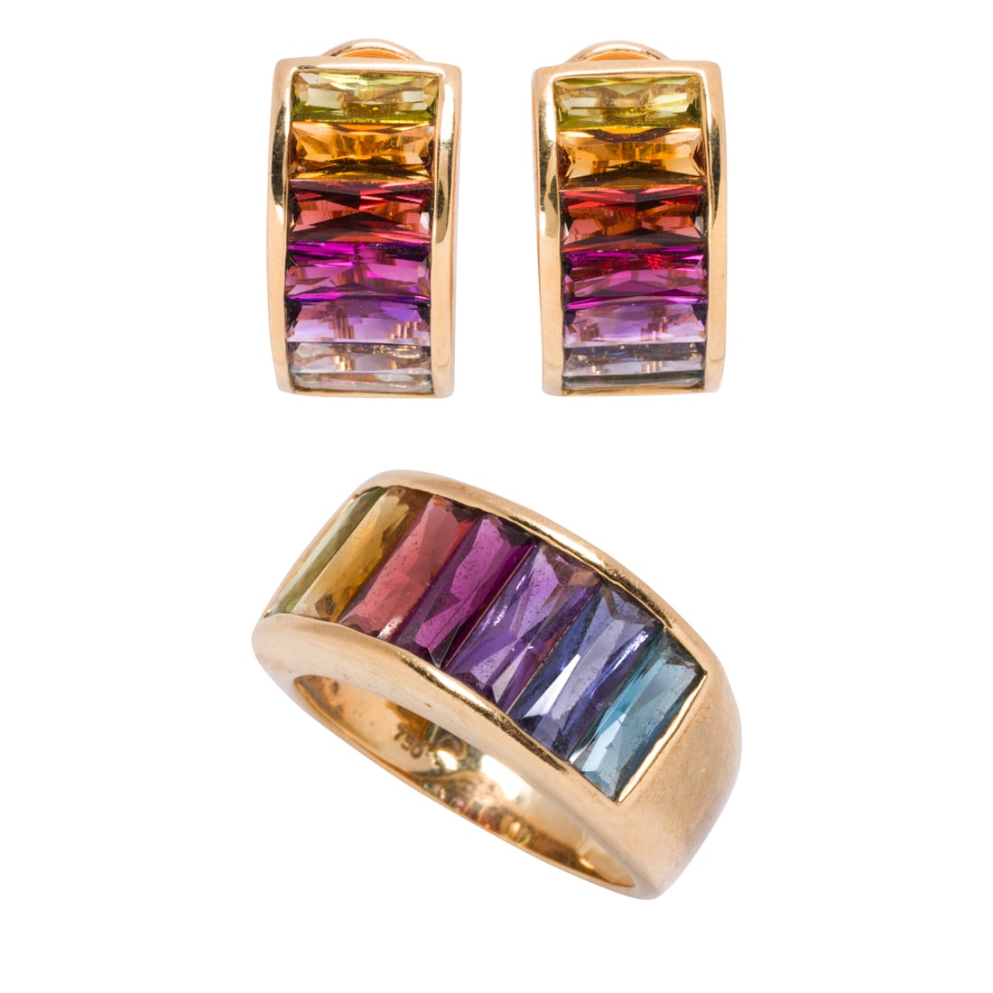 A multi-color stone and 18k gold ring and earring set: A multi-color stone and 18k gold ring and earring setOf rainbow design, with channel-set rows of multi-color rectangular-cut stones measuring 7.44 x 3.21 mm; earring length: 3/4 in; size 7; gross