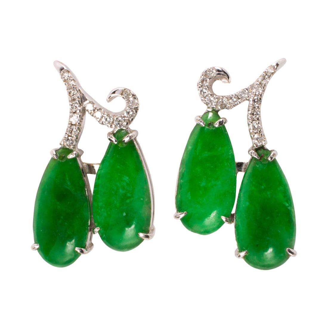 A pair of 'A' jadeite jade, diamond, and 18k white gold earrings: A pair of 'A' jadeite jade, diamond, and 18k white gold earringseach featuring two pear-shaped jade cabochons measuring 12.67 x 6.04 mm, accented by 14 round brilliant-cut diamonds; length: 7/8 in; 7.