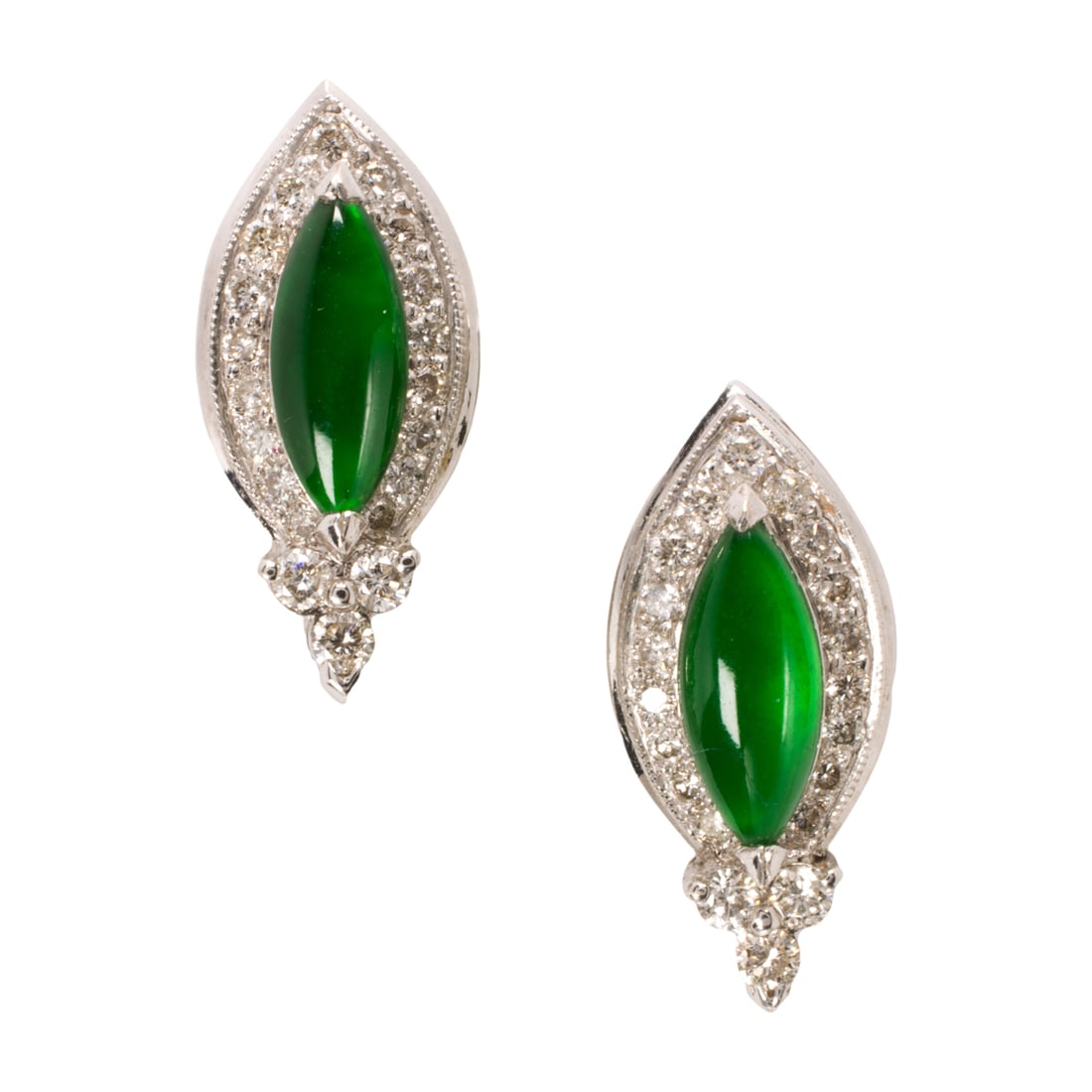 A pair of 'A' jadeite jade, diamond, and 18k white gold earrings: A pair of 'A' jadeite jade, diamond, and 18k white gold earringseach designed with one marquise-shaped jade cabochon measuring 9.60 x 4.10 mm, with round brilliant-cut diamond surround; estimated tota