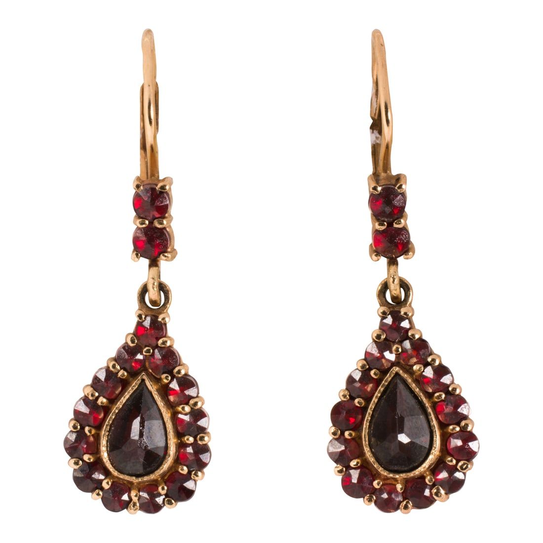 A pair of antique Bohemian garnet and 14k gold earrings: A pair of antique Bohemian garnet and 14k gold earringsCentering pear-cut garnets measuring 7.04 mm, framed by a halo of 15 round-cut garnets measuring 2.10 mm; length: 1 1/4 in; 5.60 grams