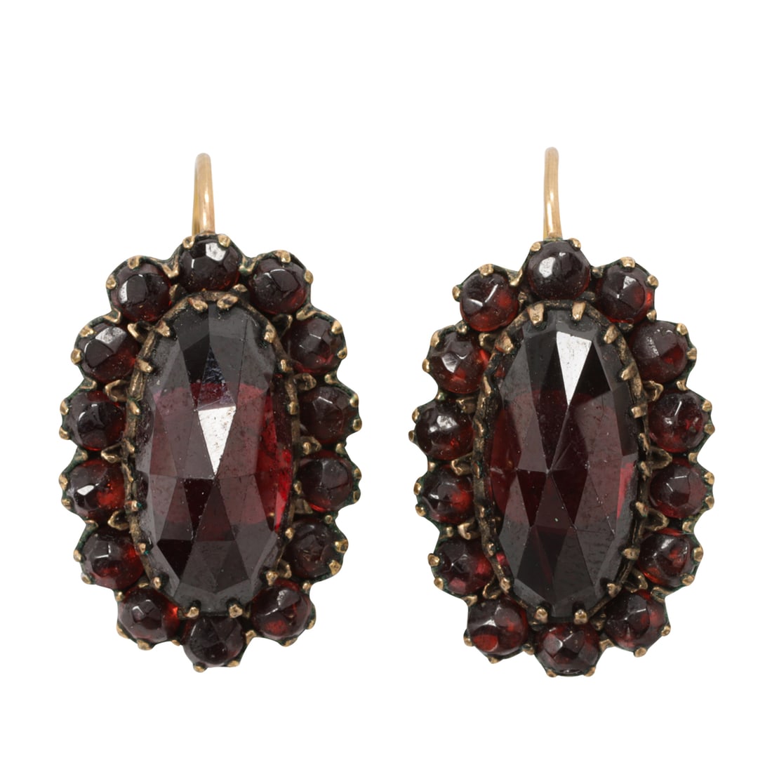 A pair of garnet and 14k gold earrings: A pair of garnet and 14k gold earringsFeaturing an oval checkerboard-cut garnet measuring 13.51 x 7.45 mm, framed by a halo of round-shaped garnet cabochons measuring 2.95 mm across; length: 1 in;