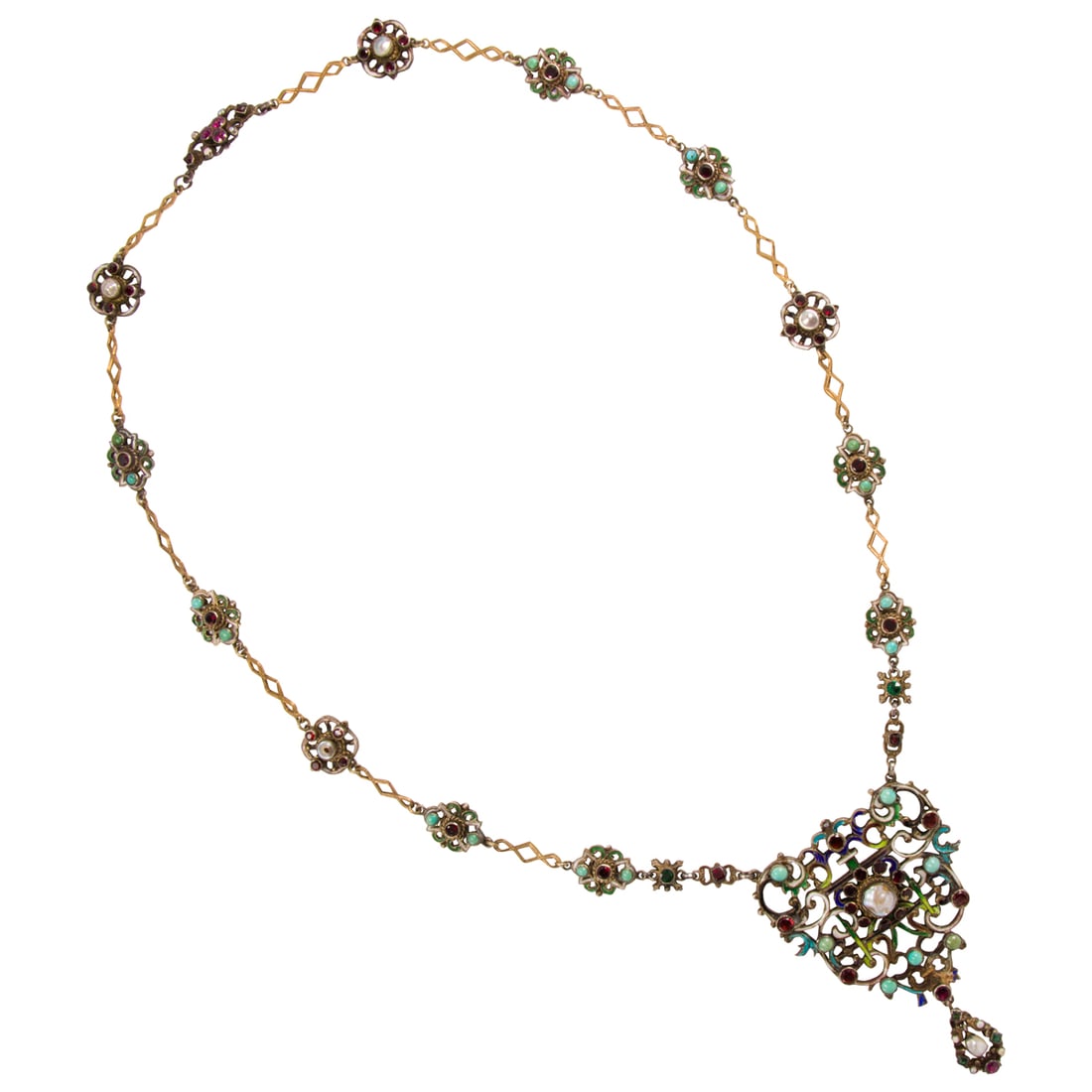 A 19th century Austro-Hungarian gem-set, enamel, silver and metal necklace: A 19th century Austro-Hungarian gem-set, enamel, silver and metal necklaceOf intricate, open-form design, the central pendant designed as enameled scrollwork set with numerous table-cut paste stones,