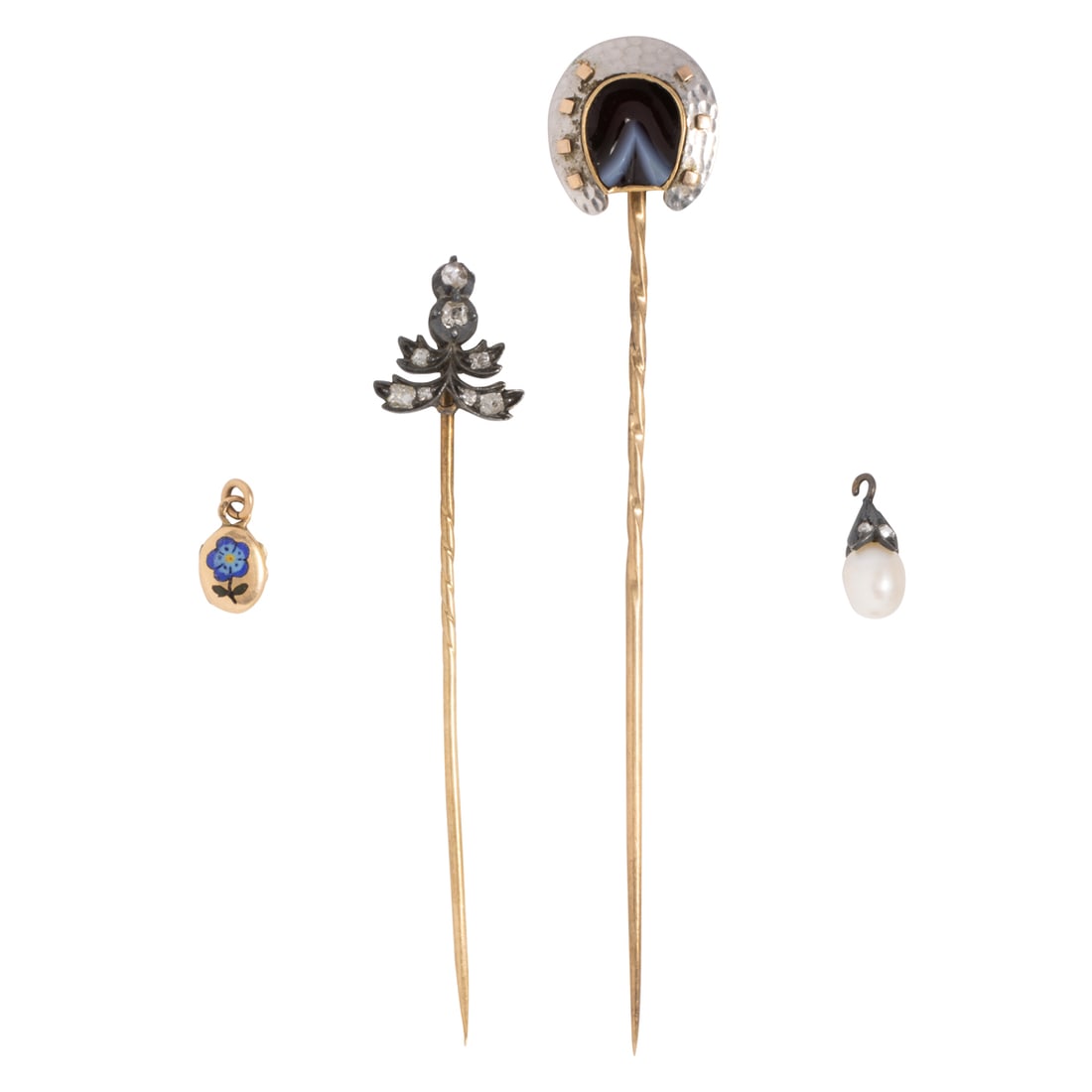 A group of antique jewelry items: A group of antique jewelry itemsComprising two drop-shaped pearl pendants with rose-cut diamond silver bellcaps (one with gold surmount), one enamel and 14k gold miniature locket, one antique-cut